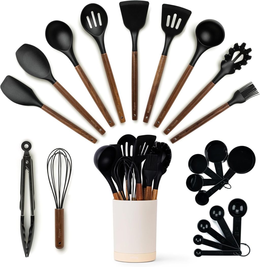 Silicone Kitchen Utensils Set & Holder: Cooking Utensils Set – Kitchen Essentials for New Home & 1st Apartment- Silicone Spatula Set, Cooking Spoons for Nonstick Cookware (Acacia Wood, Black) Silicone Kitchen Utensils Set & Holder: Cooking Utensils Set – Kitchen Essentials for New Home & 1st Apartment- Silicone Spatula Set, Cooking Spoons for Nonstick Cookware (Acacia Wood, Black)