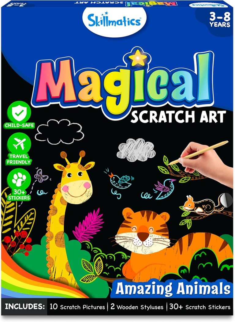 Skillmatics Magical Scratch Art Book for Kids – Animals, Craft Kits & Supplies, DIY Activity & Stickers, Gifts for Toddlers, Girls & Boys Ages 3, 4, 5, 6, 7, 8, Travel Toys