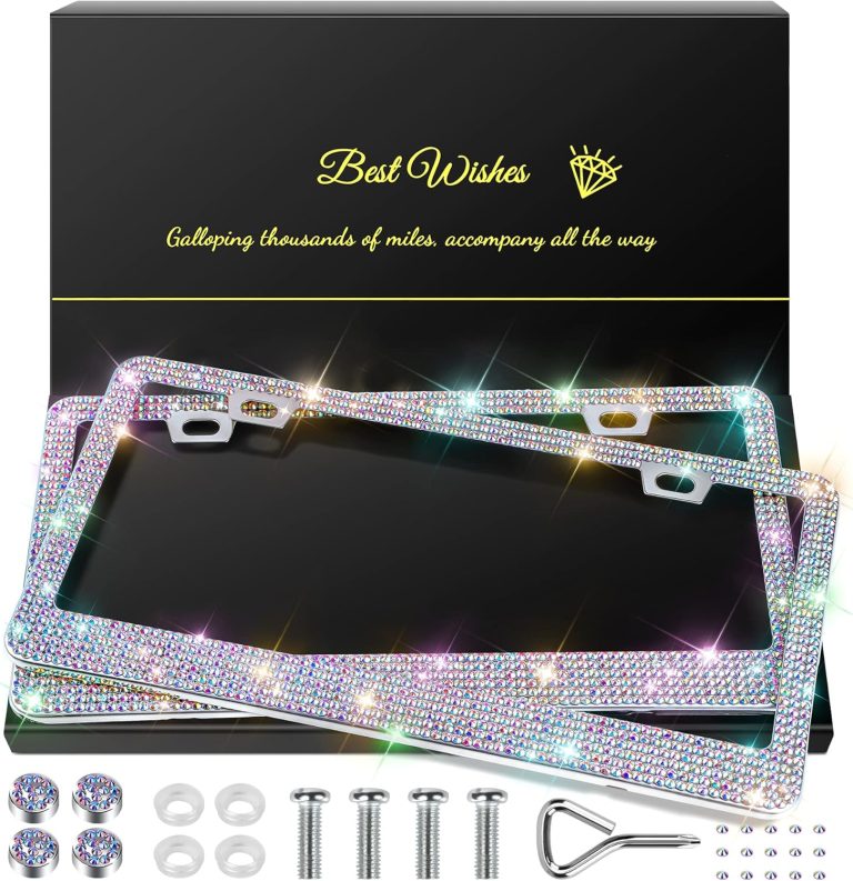 2 Pack Bling License Plate Frames for Women, Sparkly Rhinestone Diamond Car Accessories with Glitter Crystal Caps (Colorful)