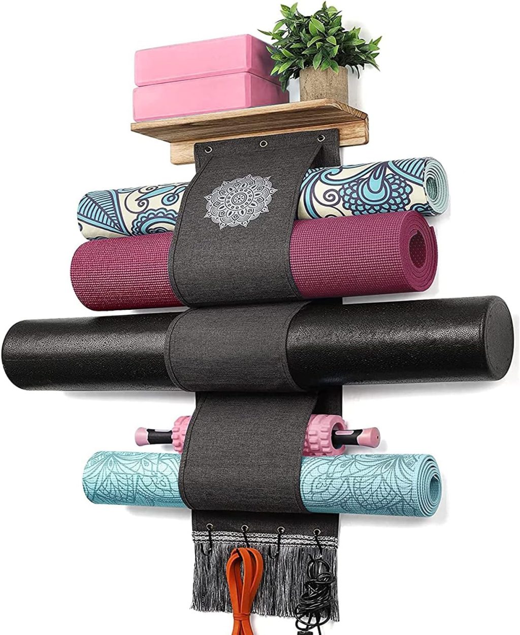 VINAEMO Yoga Mat Holder Accessories Wall Mount Organizer Storage Decor Foam Roller and Towel Storage Rack with 4 Hooks and Wooden Shelves Yoga Mats Rack Resistance Bands for Home Gym School Office VINAEMO Yoga Mat Holder Accessories Wall Mount Organizer Storage Decor Foam Roller and Towel Storage Rack with 4 Hooks and Wooden Shelves Yoga Mats Rack Resistance Bands for Home Gym School Office