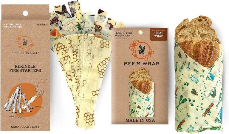Bee’s Wrap Reusable Beeswax Bread Wrap + Fire Starters Outdoor Bundle, Made in the USA, Eco Friendly Beeswax Food Wrap, Sustainable Food Storage Containers, Organic Cotton Food Wrap + Campfire Starter