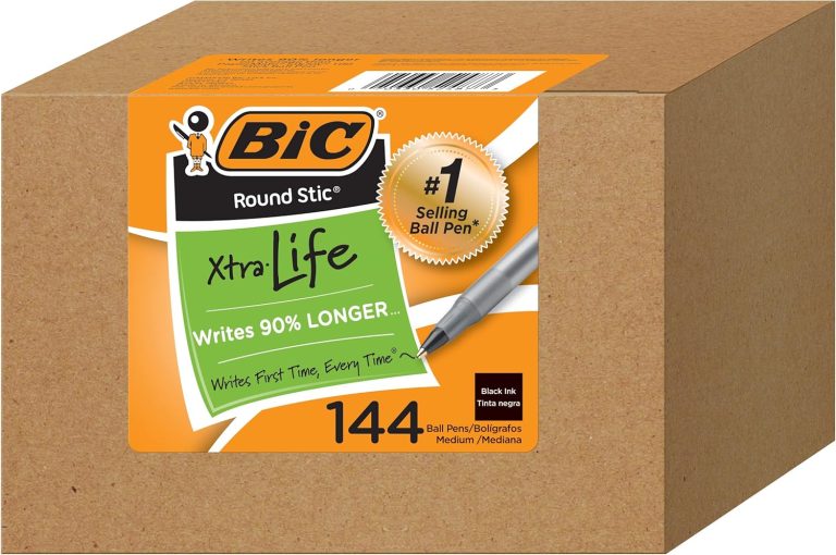 BIC Round Stic Xtra Life Black Ballpoint Pens, Medium Point (1.0mm), 144-Count Pack of Bulk Pens, Flexible Round Barrel for Writing Comfort, No. 1 Selling Ballpoint Pens