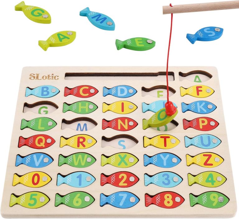 Slotic Magnetic Wooden Fishing Game Toy for Toddlers – Alphabet ABC Fish Catching Counting Learning Education Math Preschool Board Games Toys Gifts for 3 4 5 Years Old Girl Boy Kids
