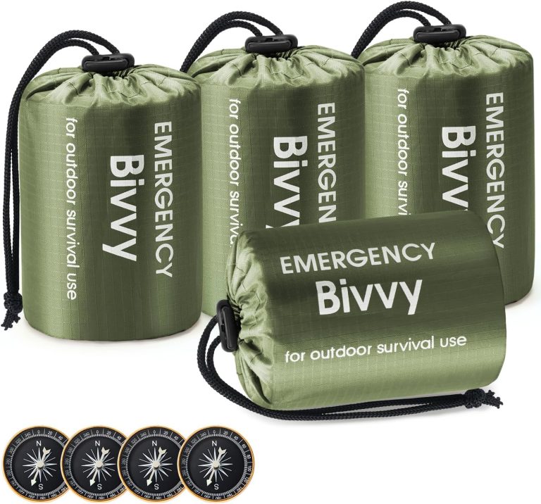 Esky Emergency Sleeping Bag, 4 Pack Portable Thermal Bivy Sack, Waterproof Lightweight Emergency Blanket Survival Gear with Compass and Whistle for Camping Hiking Outdoor Adventure