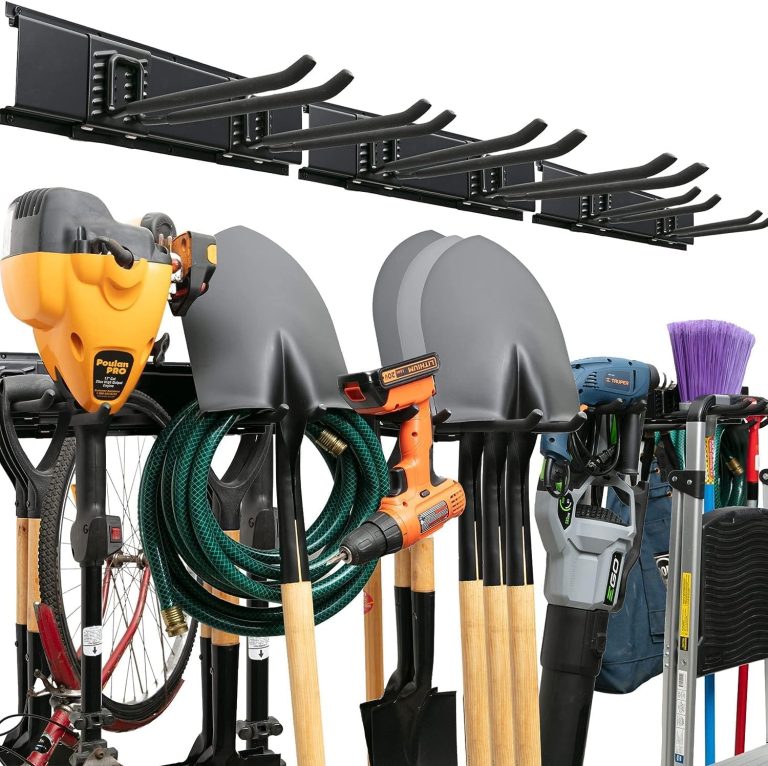 Garage Tool Organizer Wall Mount – Sturdy Storage Rack with Adjustable Hooks, Anti-Rust Panel – Easy Installation, 300lbs Capacity – Garden Tool Organizer for Garage (03 Racks & 06 Hooks)