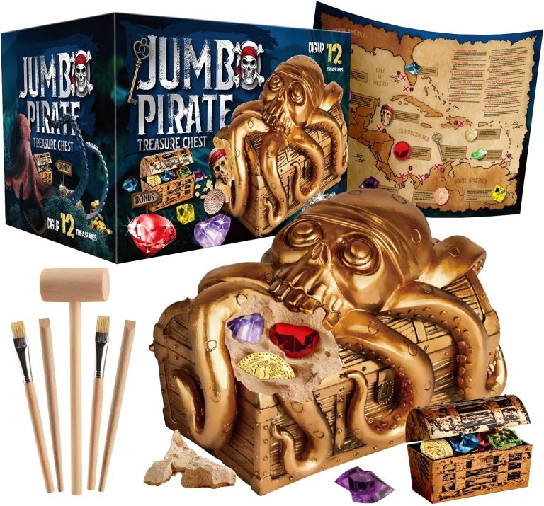 XXTOYS Jumbo Pirate Dig Kit – Dig up 12 Pirate Treasures, Gemstones, Gold Coins – Pirate Toys for Kids – Great Birthday Party Supplies, Gifts Idea for Boys & Girls – Includes Treasure Chest