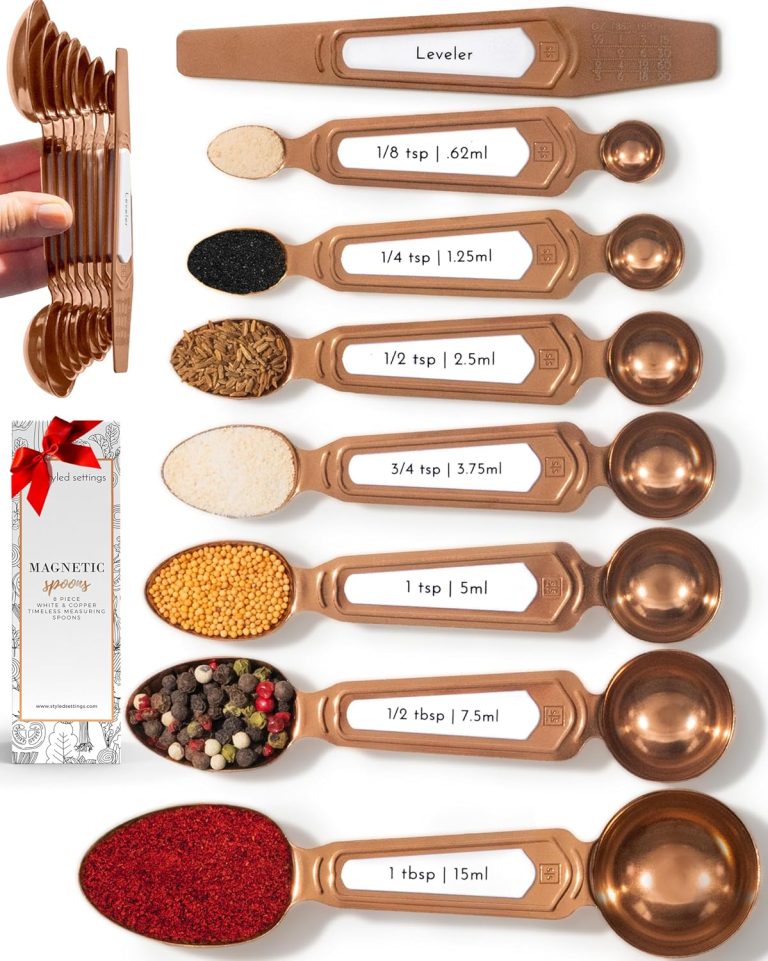 Copper Measuring Spoons Set with Leveler – Featuring 8-Piece Upgraded Style, Double Sided, Stackable, Magnetic Measuring Spoons Copper Metal – Fits in Spice Jars, Copper Kitchen Accessories and Decor