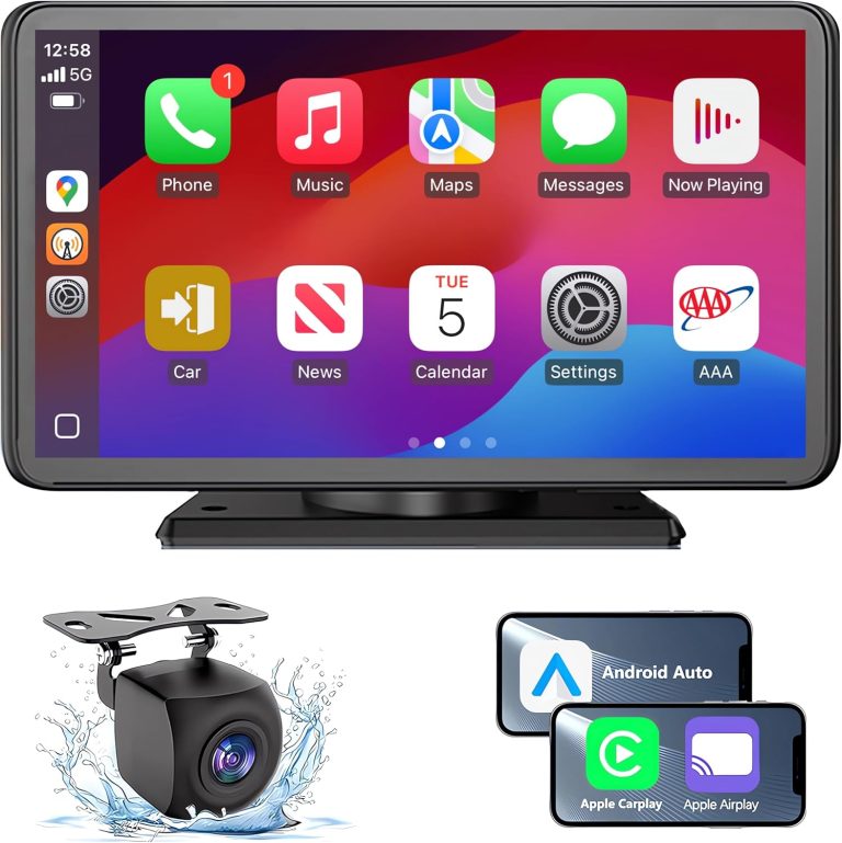 Portable Apple Carplay/Android Auto Screen for Car, 7 Inch HD Touch Screen Wireless Car Play with Backup Camera, Voice Control, BT, FM, Mirror Link for All Vehicle