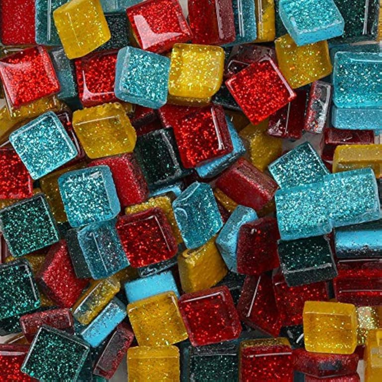 Mosaic Tiles Mixed Color Glass Tiles Shine Crystal Mosaic Glass Pieces Bulk Square Glitter Crystal Mosaic Tiles for Home Decoration or DIY Crafts 200g,1×1 cm