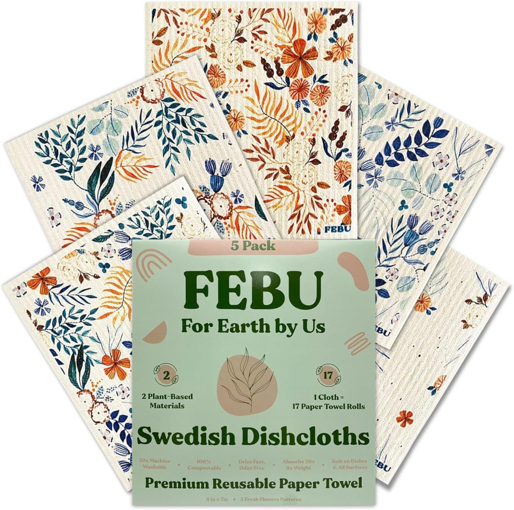 FEBU Swedish Dishcloths for Kitchen | 5 Pack Fresh Flowers Swedish Dish Towels | Reusable Paper Towels Washable | Non-Scratch Cellulose Sponge Cloths FEBU Swedish Dishcloths for Kitchen | 5 Pack Fresh Flowers Swedish Dish Towels | Reusable Paper Towels Washable | Non-Scratch Cellulose Sponge Cloths