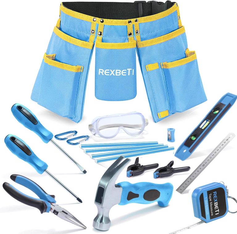REXBETI 18pcs Blue Young Builder’s Tool Set with Real Hand Tools, Reinforced Kids Tool Belt, Waist 20″-32″, Kids Learning Tool Kit for Home DIY and Woodworking