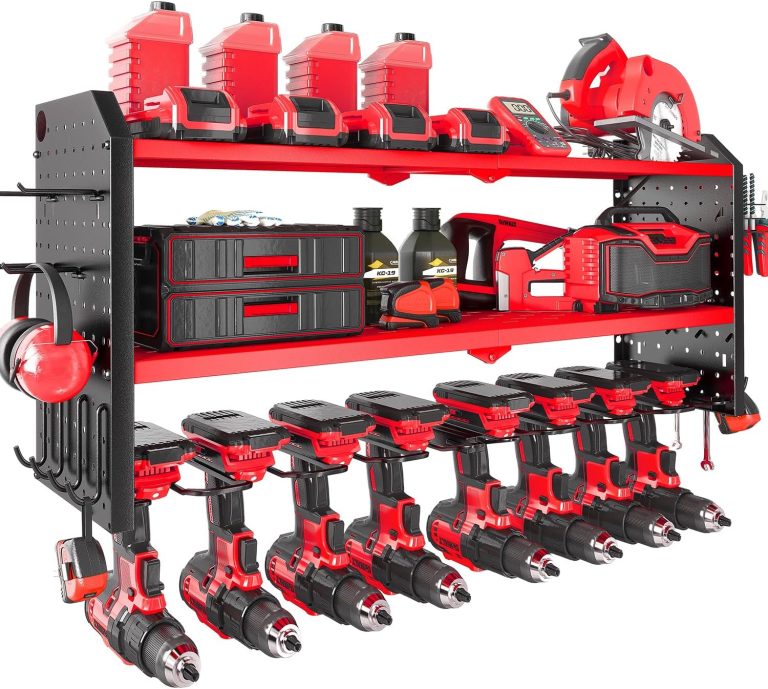 KAFAHOM Power Tool Organizer, Large 8 Drill Holder Wall Mount with 2 Side Pegboards, Heavy Duty Metal Tool Shelf with 12 Hooks, Storage Rack for Garage Organization, Utility Battery Shelves – Red