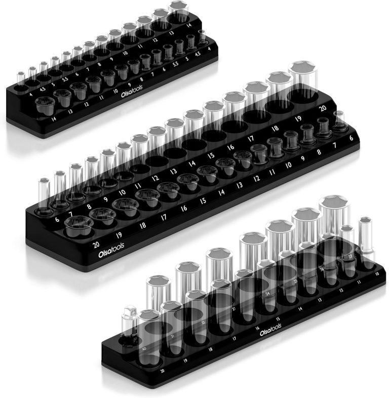 Olsa Tools Magnetic Socket Organizer | 3 Piece Socket Holder Kit | 1/2-Inch, 3/8-Inch, & 1/4-Inch Drive | Metric Black | Holds 75 Sockets | Professional-Grade