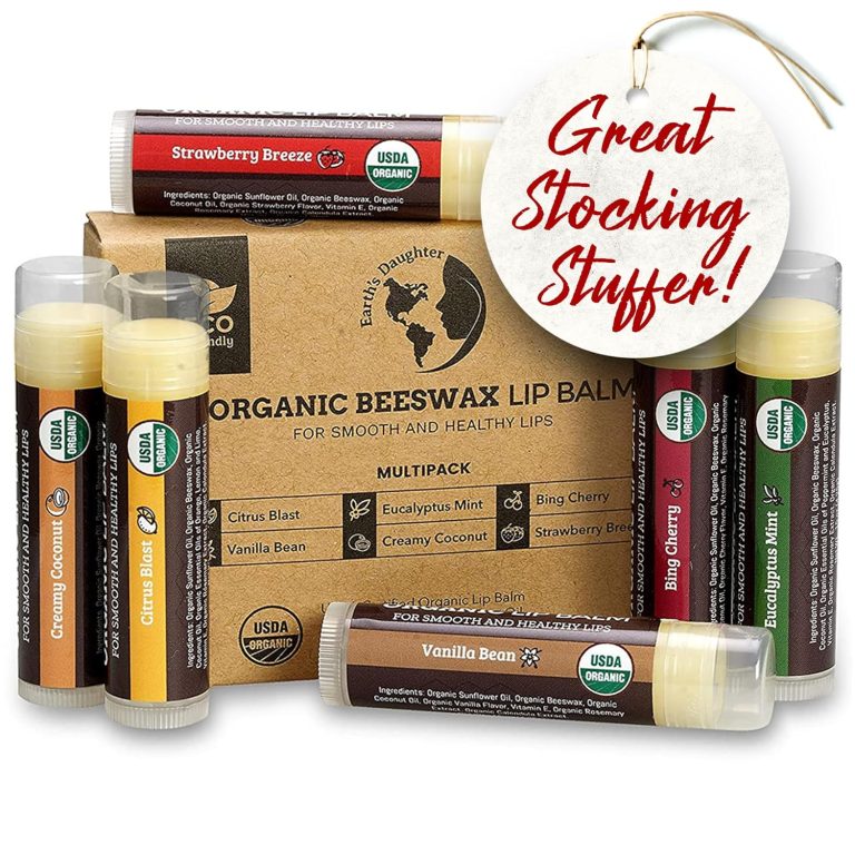 USDA Organic Lip Balm 6-Pack by Earth’s Daughter – Fruit Flavors, Beeswax, Coconut Oil, Vitamin E – Best Lip Repair Chapstick for Dry Cracked Lips – Moisturizing Lip Care