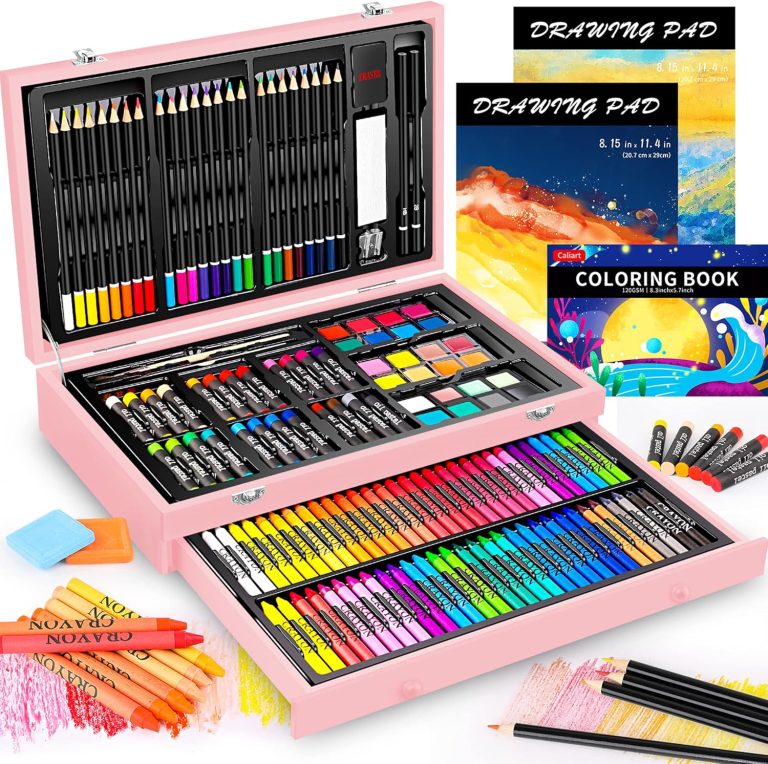 Caliart Art Supplies, 153-Pack Deluxe Wooden Art Set Crafts Drawing Painting Coloring Supplies Kit with 2 A4 Sketch Pads, Halloween Creative Gift Box for Adults Artist Beginners Kids Girls Boys