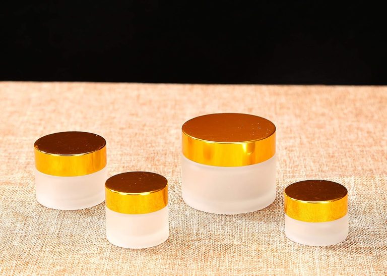 50ml /1.75oz, 12 Pack Clear Frosted Round Glass Jar With Gold Lid, Empty Small Sample Travel Size Cosmetic Containers Pot For Eye gel Face Cream Makeup Beauty Products Oil Salve Ointment DIY Slime