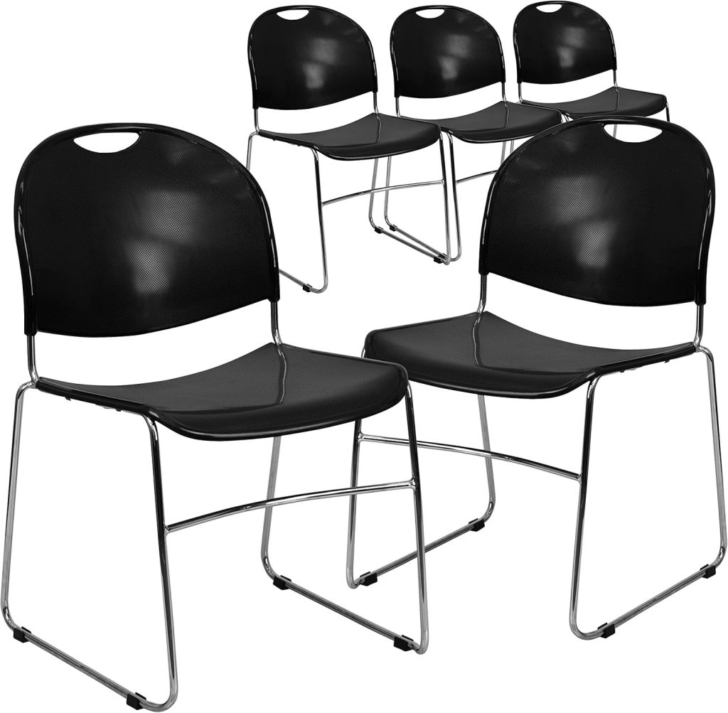 Flash Furniture 5 Pack HERCULES Series 880 lb. Capacity Black Ultra-Compact Stack Chair with Chrome Frame Flash Furniture 5 Pack HERCULES Series 880 lb. Capacity Black Ultra-Compact Stack Chair with Chrome Frame