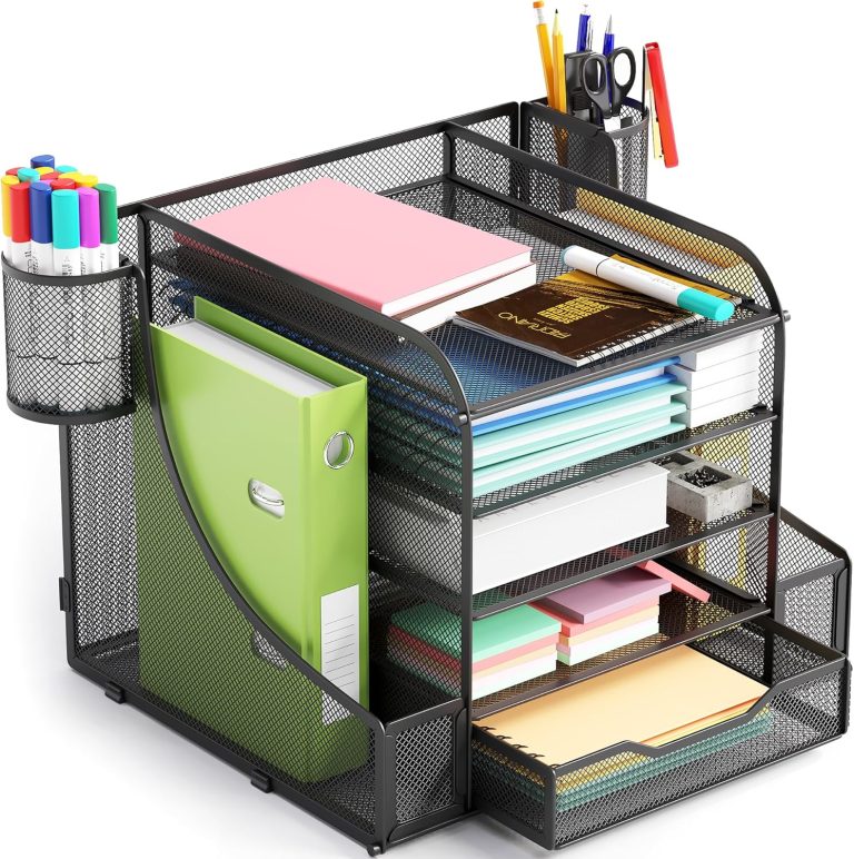 EVOOMI 5 Tier Mesh Desk Organizer PLUS – The Upgraded Time, Space & Sanity Saving Desktop Organizer System for Productivity Success – Ideal Pencil File Paperclip Post It Holder Mail Folder Organizer