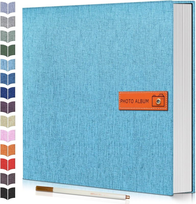 Photo Album Self Adhesive Scrapbook Album,Photo Book for 4×6,5×7,8×10 Pictures,DIY Linen Cover Album for Baby Wedding Family,with Metallic Pen and Scraper