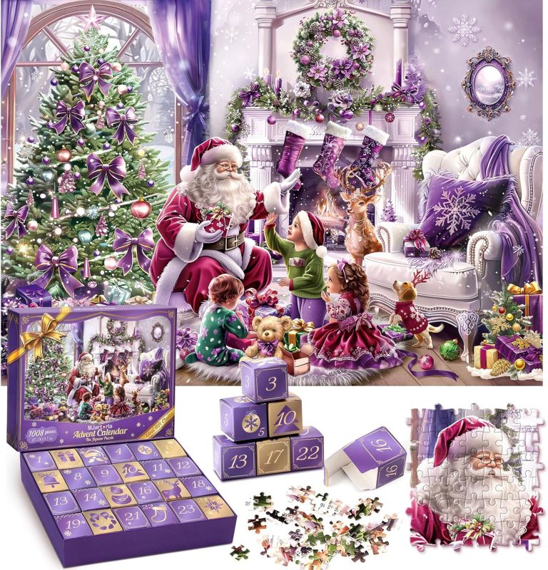 MJartoria Advent Calendar Puzzle 2024 for Adult, 1008 Pieces Christmas Advent Calendar Puzzle, 24 Days Countdown Calendar Purple Xmas Gifts Box Holiday Santa Jigsaw Puzzle