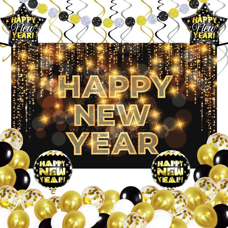 KatchOn, Black and Gold New Years Decorations 2025 – Huge Pack of 50 | New Year Banner and New Year Balloons for New Years Eve Party Supplies 2025 | New Years Backdrop, Happy New Year Decorations 2025