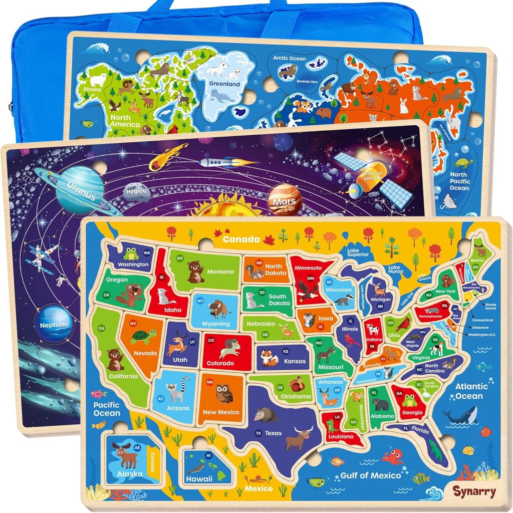 SYNARRY Large USA World Solar System Wooden Puzzles for Kids Ages 4-6, Wood Jigsaw Puzzles Educational Games Toys Gifts for Toddlers, Learning United States World Space Maps for Boys Girls Ages 3-8 SYNARRY Large USA World Solar System Wooden Puzzles for Kids Ages 4-6, Wood Jigsaw Puzzles Educational Games Toys Gifts for Toddlers, Learning United States World Space Maps for Boys Girls Ages 3-8