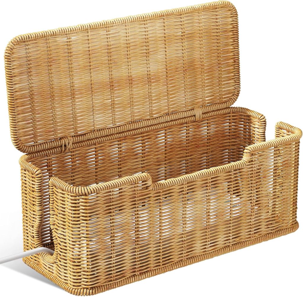 Cable Management Box,2 Open Slots Cord Organizer Hider Box with Lid,12.5″ L*5.1″ W Handwoven Imitation Rattan Cable Organizer Box for TV Wire Computer Router & Power Strip-B Style(Light Brown) Cable Management Box,2 Open Slots Cord Organizer Hider Box with Lid,12.5″ L*5.1″ W Handwoven Imitation Rattan Cable Organizer Box for TV Wire Computer Router & Power Strip-B Style(Light Brown)