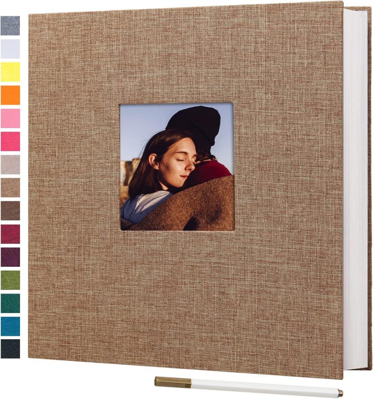 potricher 11×10.6 Inch Self Adhesive Photo Album Linen Cover 80 Pages Sticky 3×5 4×6 5×7 6×8 8×10 8.5×11 Magnetic DIY Scrapbook Photo Album with A Metallic Pen (Khaki)