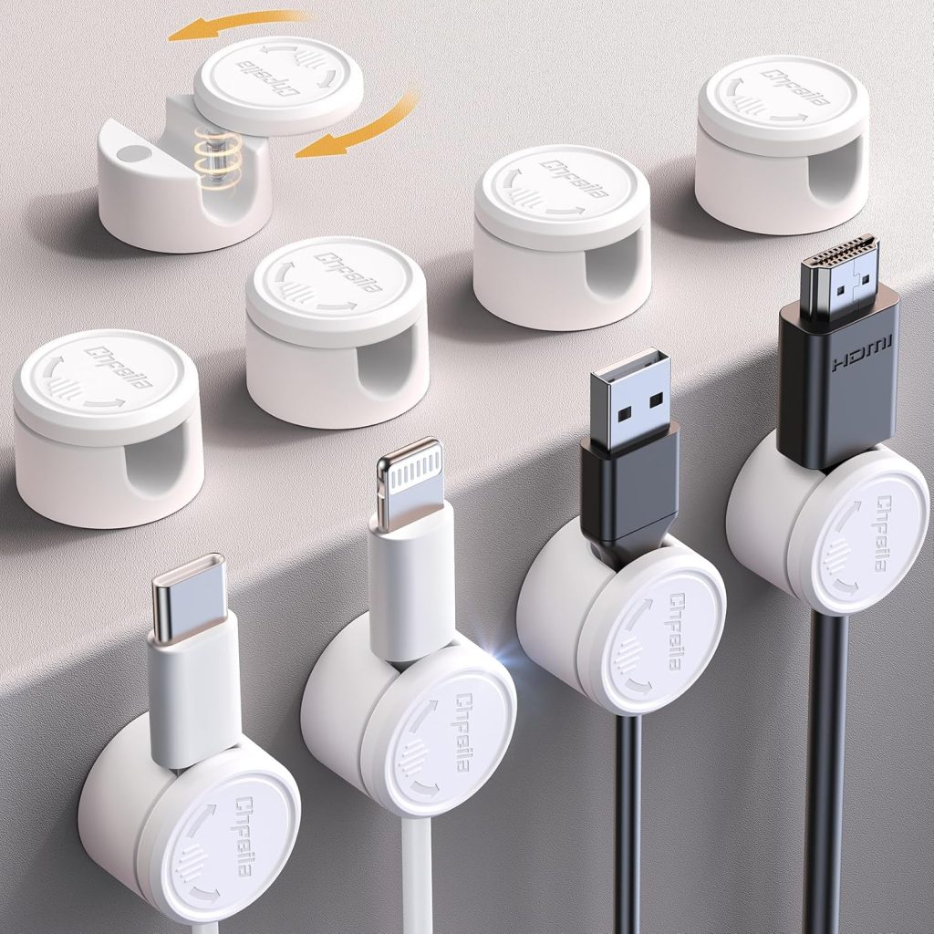9 Pack Magnetic Cable Clips – Chfeila [Upgraded Twist-Lock] Cord Organizer, [360°Rotating Lid] Cable Management, Adhesive Wire Holder for Home Office Desk Desktop Nightstand Car Table Wall (White)