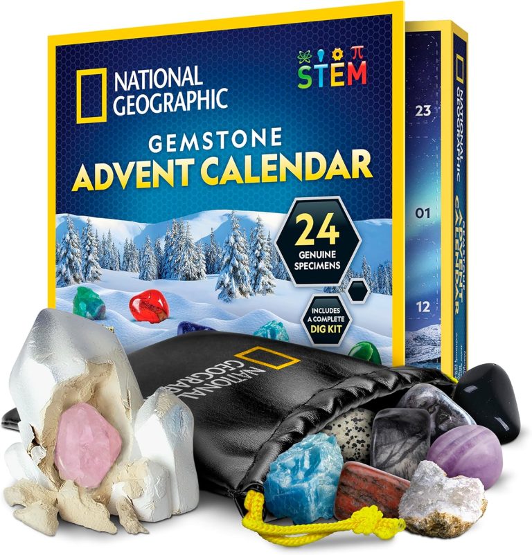 NATIONAL GEOGRAPHIC Gemstone Advent Calendar – 2024 Advent Calendar for Kids with 24 Gemstones to Open Each Day, a Complete Rock Collection Christmas Countdown Calendar with Mini Gemstone Dig Kit