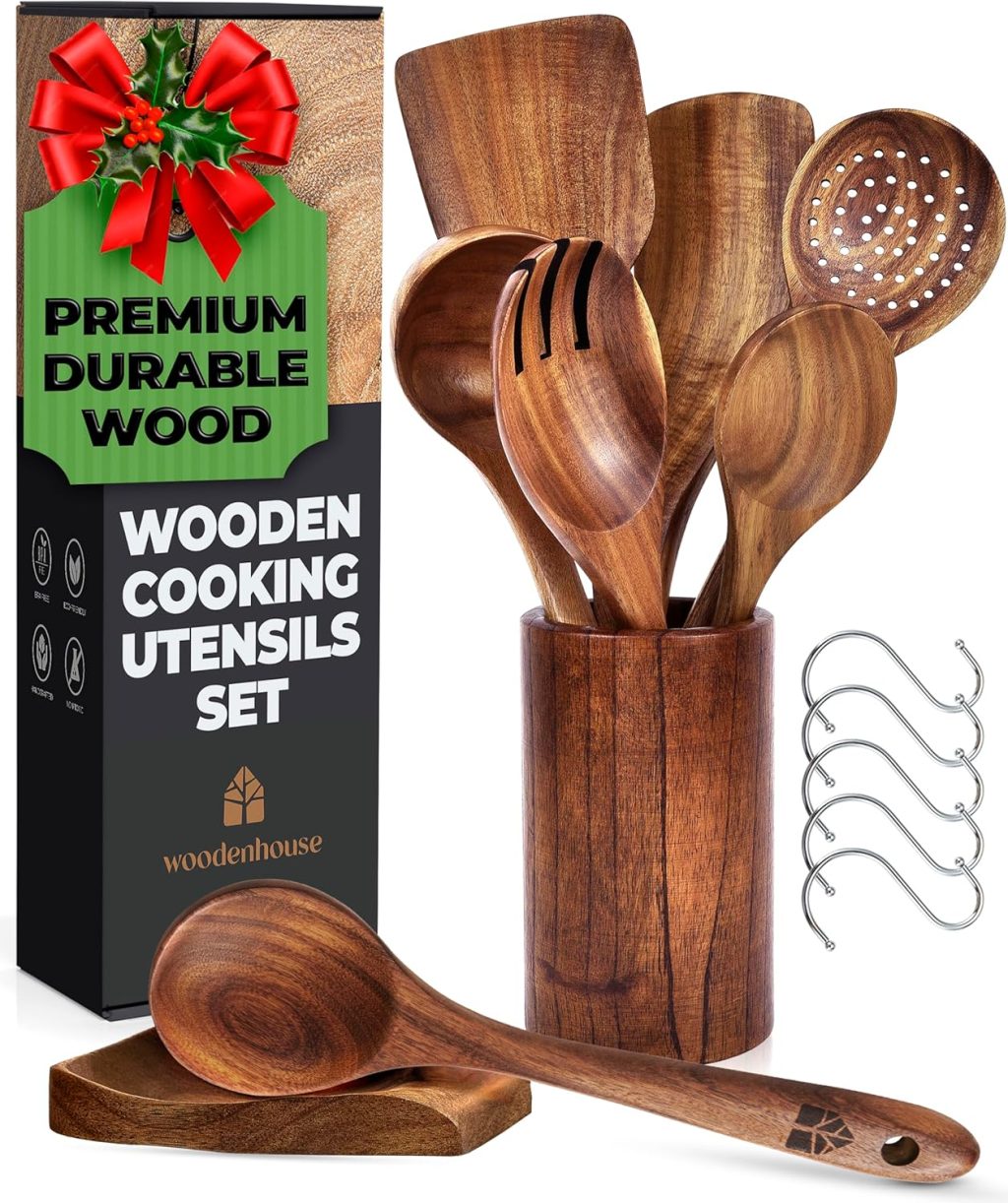Wooden Spoons for Cooking, Wooden Cooking Utensils Set, Wooden Utensil Set with Holder, Spoon Rest & Hooks, Kitchen Gifts for Women, Kitchen Cookware – Durable Set of 8pcs by Woodenhouse Wooden Spoons for Cooking, Wooden Cooking Utensils Set, Wooden Utensil Set with Holder, Spoon Rest & Hooks, Kitchen Gifts for Women, Kitchen Cookware – Durable Set of 8pcs by Woodenhouse