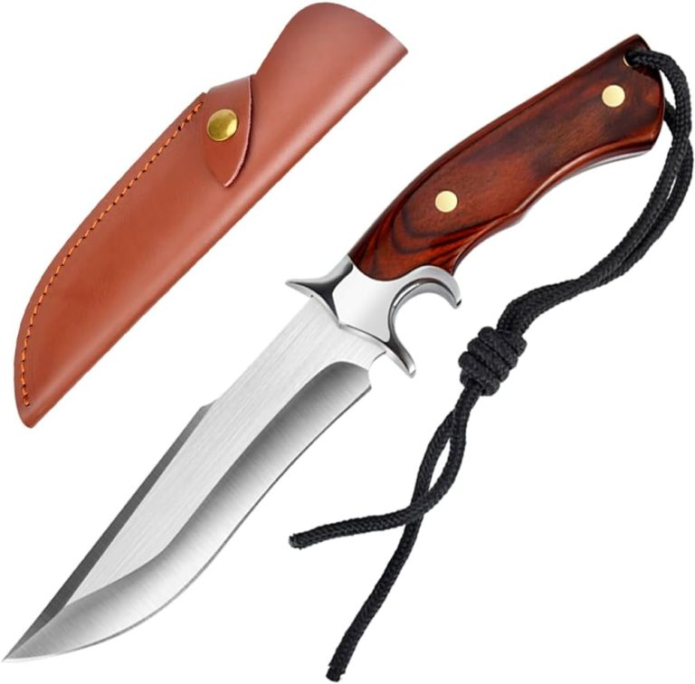 Outdoor Knife Fixed Blade D2 Steel Knife with Wooden Handle Red Brown Sharp Survival Knife with Leather Sheath for Men Camping Hiking Adventure