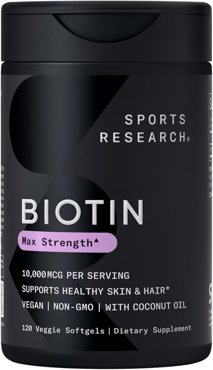 Sports Research Vegan Biotin 10,000mcg with Coconut Oil – Max Strength Biotin Vitamin B7 for Skin and Keratin Support – Non-GMO & Gluten Free, 120 Softgels (4 Month Supply)