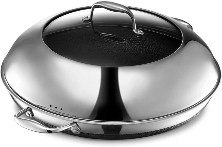 HexClad Hybrid Nonstick 14-Inch Frying Pan with Steel Lid, Great for Braising, Dishwasher and Oven Safe, Induction Ready, Compatible with All Cooktops