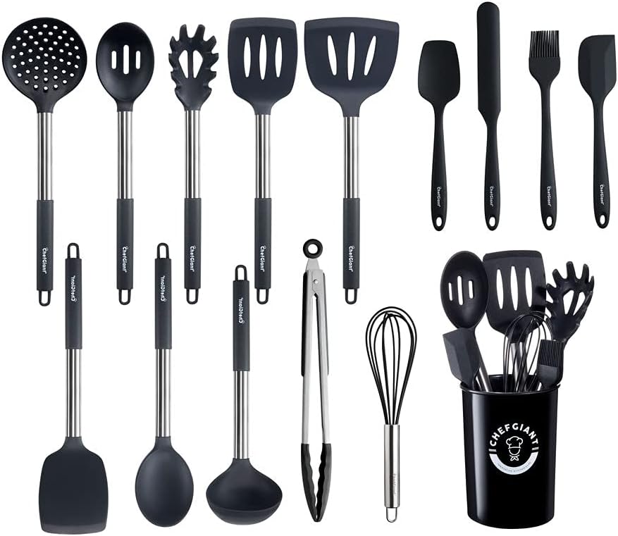 Chef Giant Silicone Kitchen Utensil Set | 15-Piece Stainless Steel Cooking Tool Kit with Holder, Spatula, Ladle, Pasta Server, Tongs, Whisk & More | Heat Resistant, BPA Free, Dishwasher Safe | Black Chef Giant Silicone Kitchen Utensil Set | 15-Piece Stainless Steel Cooking Tool Kit with Holder, Spatula, Ladle, Pasta Server, Tongs, Whisk & More | Heat Resistant, BPA Free, Dishwasher Safe | Black