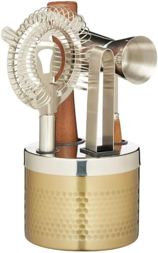Cocktail Tool Kit and Stand (5-Piece Gift Set) -Brass Finish, 20.7 x 11.5 x 10.6 cm, Silver