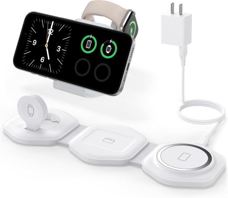 3 in 1 Charging Station for Apple Devices – Foldable Magnetic Wireless Travel Charger Multiple Devices – Travel Charging Pad for MagSafe iPhone 16 15 14 13 12 Pro Max Plus Apple Watch & AirPod
