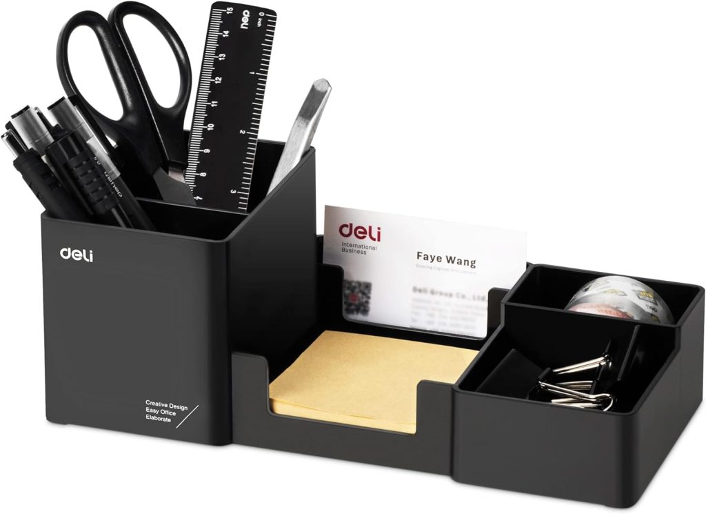 deli Desk Organizer, Plastic Desktop Organizer with Pencil Holder and Sticky Note Tray, Office Stationery Supplies Organizers Accessories Caddy, 6 Compartments, Black deli Desk Organizer, Plastic Desktop Organizer with Pencil Holder and Sticky Note Tray, Office Stationery Supplies Organizers Accessories Caddy, 6 Compartments, Black