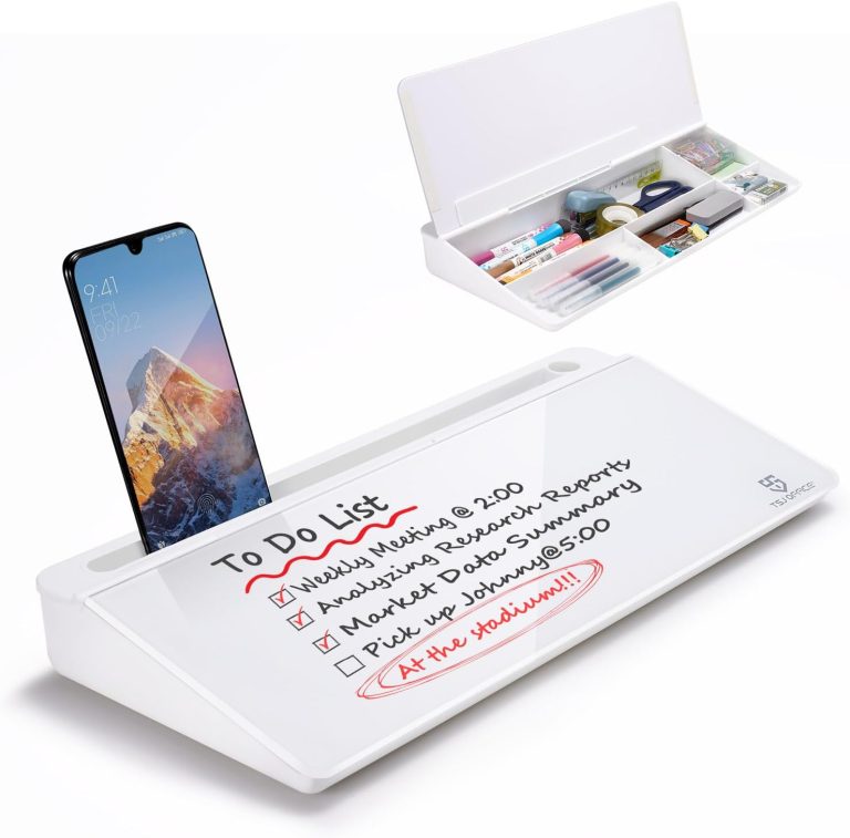 Small Glass Desktop Whiteboard Dry-Erase-Board – Computer Keyboard Stand White Board Surface Pad with Drawer, Desk Organizers with Accessories for Office, Home, School Supplies