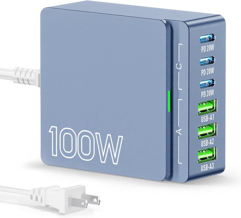USB C Charger Block Charging Station: 100W 6 Port GaN Fast Charging Brick Hub – PD 3.0 Type C & USB A Charging Cube Box – Wall Charger Power Adapter for iPhone 16 Pro Max iPad Samsung – Blue