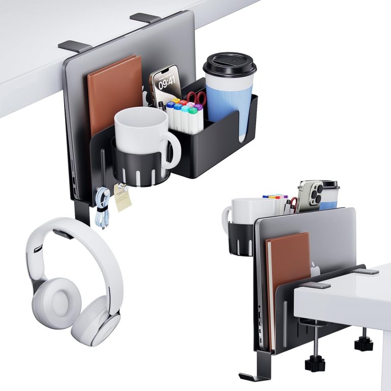 KDD 7 in 1 Desk Side Organizer Set, Under Desk Laptop Holder Storage, No Drill Laptop Mount with 2 Cup Holder, Pen Holder, Headphone Hanger and 2 Pin Magnet, Detachable Hanging Stand for Office & Home