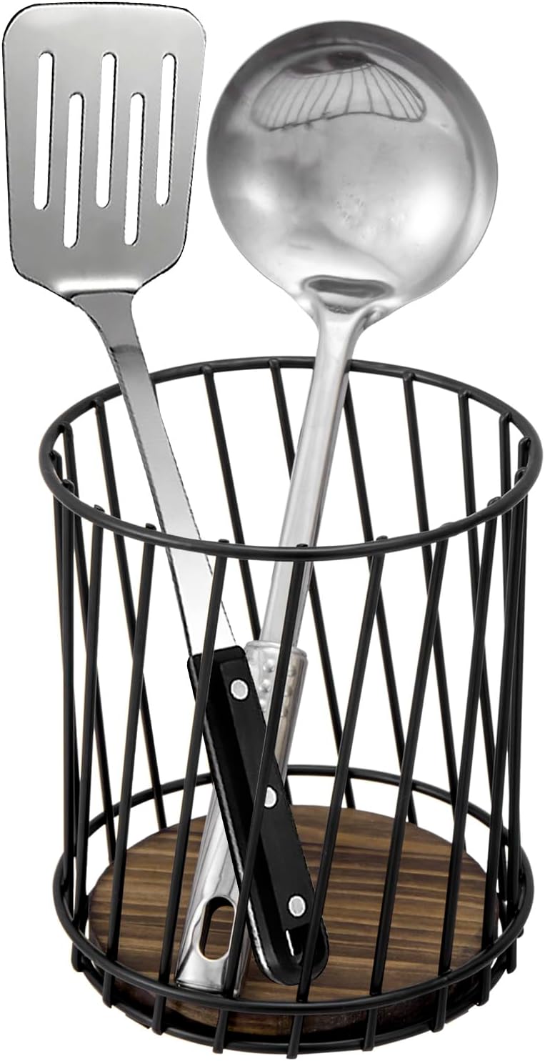 MyGift Modern Wire Utensil Holder, Decorative Matte Black Metal Kitchen Utensils Crock with Rustic Burnt Solid Wood Base, Countertop Round Basket Style Cooking Tools Holder