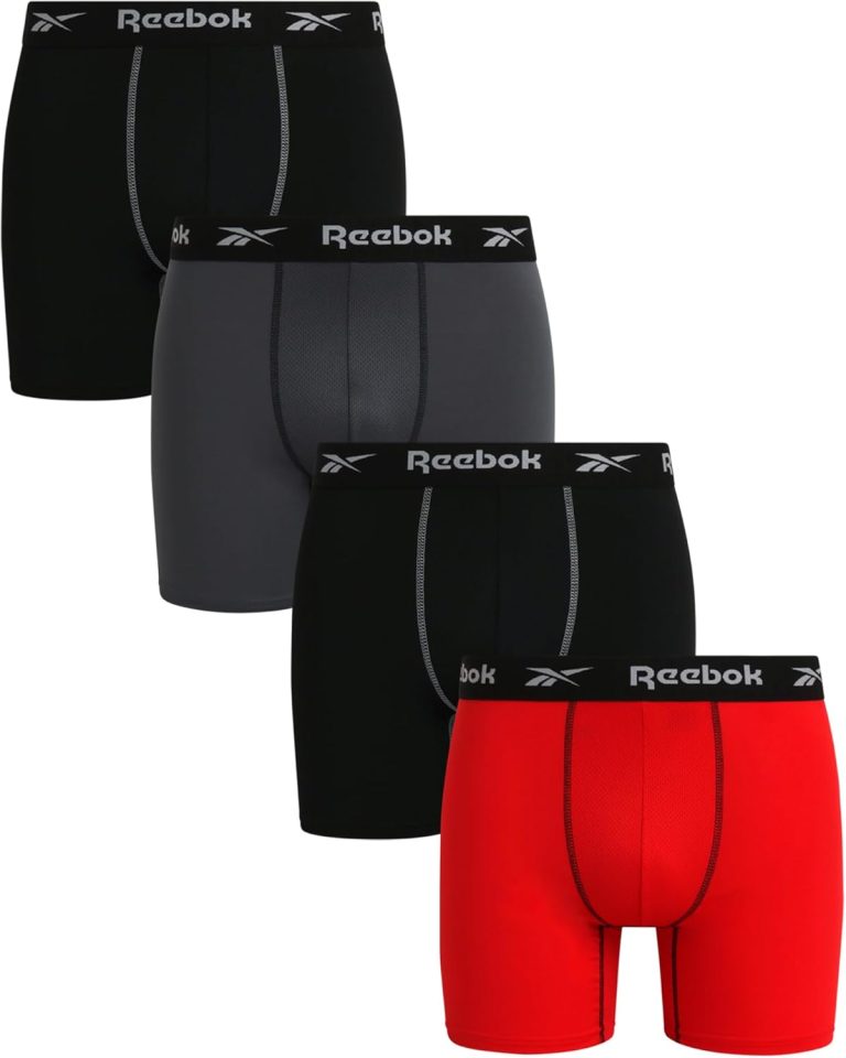 Rebook Men’s Boxer Briefs – 4 Pack Moisture Wicking Performance Underwear Boxers with Functional Mesh Fly Pouch (Sizes: S-XL)