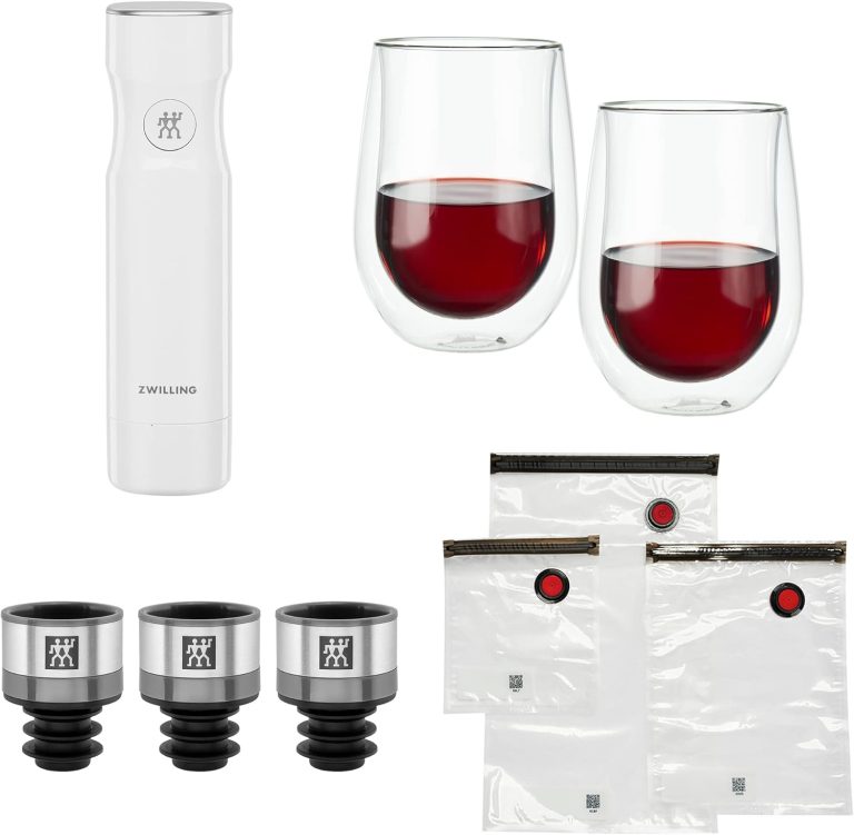 ZWILLING Fresh & Save Wine Gift Set – Cordless Vacuum Sealer Machine Hand Pump with Vacuum Wine Sealer & ZWILLING Double-Wall Wine Glass Set and, Fresh & Save 10-pc Vacuum Bag Set – Assorted Sizes