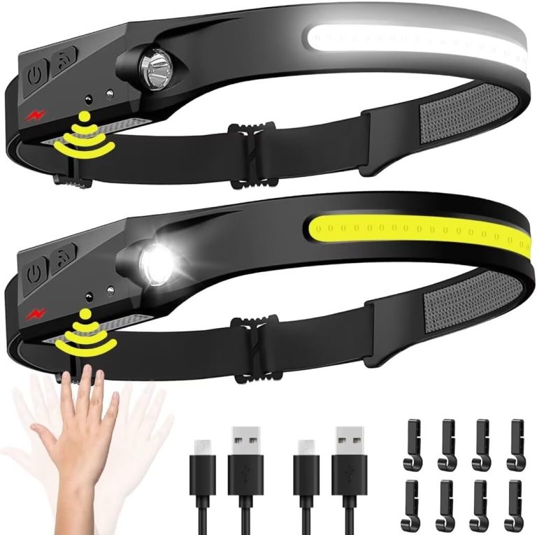 Headlamp Rechargeable 2PCS, 230° Wide Beam Head Lamp LED with Motion Sensor for Adults – Camping Accessories Gear, Waterproof Head Light Flashlight for Hiking, Running, Repairing, Fishing, Cycling