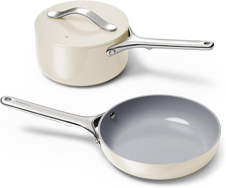 Caraway Mini Cookware Set – Non-Stick Ceramic Fry Pan (1.05 qt, 8″) Sauce Pan (1.75 qt) & Storage Rack – Non Toxic, PTFE & PFOA Free – Oven Safe & Stovetop Agnostic (Gas, Electric & Induction) – Cream