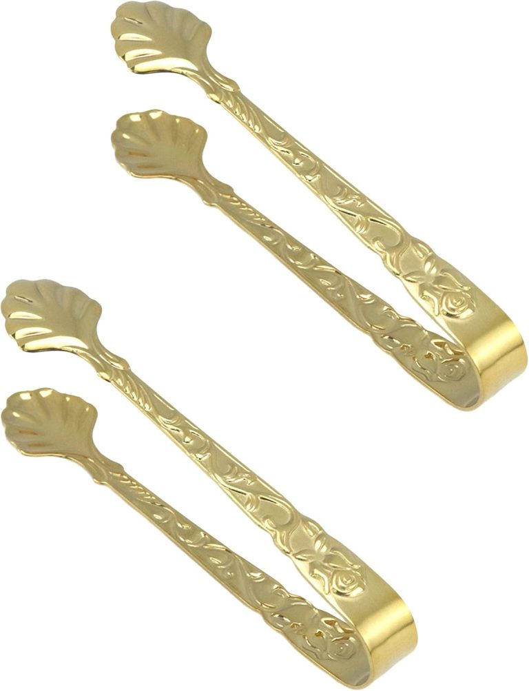 2 Pieces Sugar Tongs with Rose Pattern Mini Appetizers Tongs Stainless Steel Serving Tongs Petal Shaped Ice Cube Tongs for Food Bar Coffee Party Kitchen (Gold, 3.66Inch)