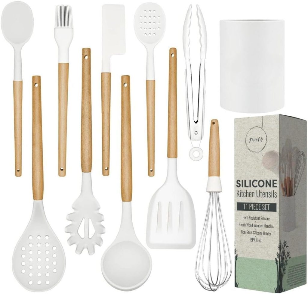 White Silicone Kitchen Utensils Set – Silicone Kitchen Utensils Set with Holder | 11 Pcs wooden Cooking Utensils Set Kitchen Gadgets – Heat Resistant Utensil Sets for Cookware & Baking (BPA Free) White Silicone Kitchen Utensils Set – Silicone Kitchen Utensils Set with Holder | 11 Pcs wooden Cooking Utensils Set Kitchen Gadgets – Heat Resistant Utensil Sets for Cookware & Baking (BPA Free)