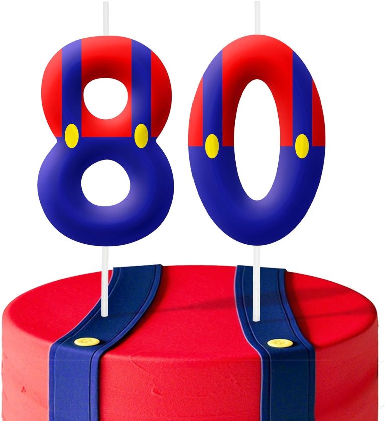 Blue Red 80th Birthday Number Candles, Number 80 Candle Cake Topper Decorations for Cartoon Game Themed Parties, Birthday Cake Candles for Boys Girls Kids Party Supplies