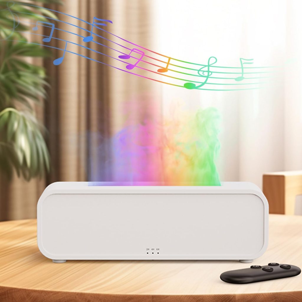Essential Oil Diffuser, Music Sync Fire Flame Aromatherapy Diffuser, 250ml Cool Mist Humidifier, Scent Aroma Diffuser with 7 Colors Light, Remote Control, Timer & Auto-Off for Home Room (White) Essential Oil Diffuser, Music Sync Fire Flame Aromatherapy Diffuser, 250ml Cool Mist Humidifier, Scent Aroma Diffuser with 7 Colors Light, Remote Control, Timer & Auto-Off for Home Room (White)
